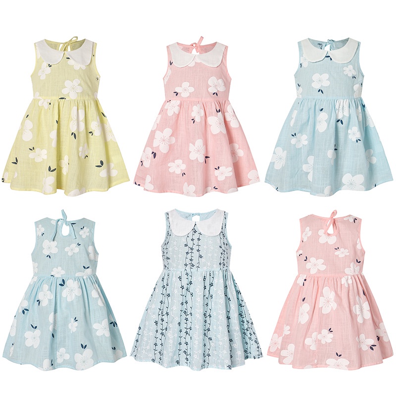 Váy Bé Gái Đầm Công Chúa Vải Lanh Cotton Thoáng Khí In Hoa Cho Bé Gái 1-6 Tuổi