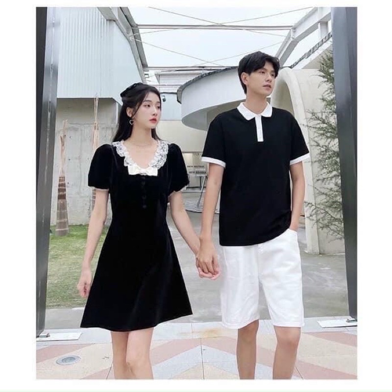 Set áo váy đôi nam nữ chất liệu thun cotton da cá, màu đen viền cổ trắng