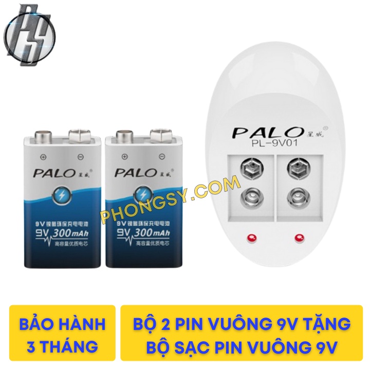 Bộ 2 Pin Vuông 9v Sạc Lại Palo 300mAh + Tặng Sạc Pin Vuông 9v