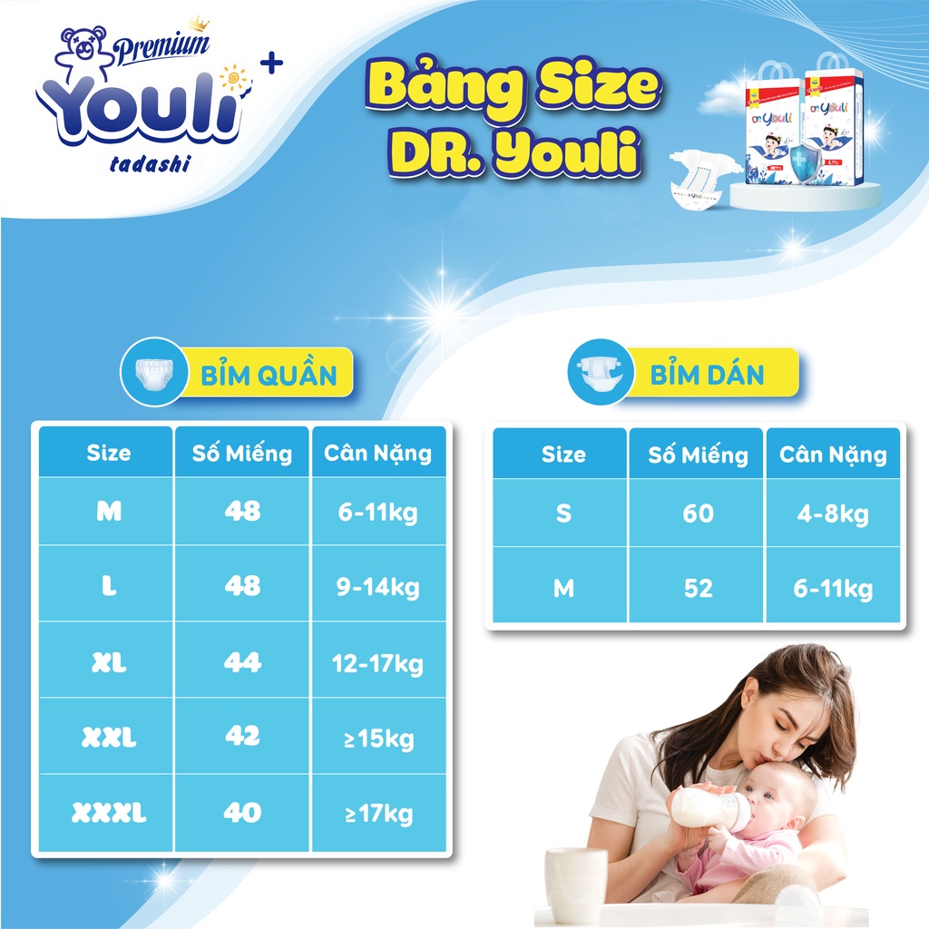 Tã/Bỉm Dán/Quần Dr. YOULI Đai Chun Mềm Mại, Mỏng Nhẹ Siêu Thấm Hút Đủ Size S - 3XL Cho Bé 4kg - 20kg