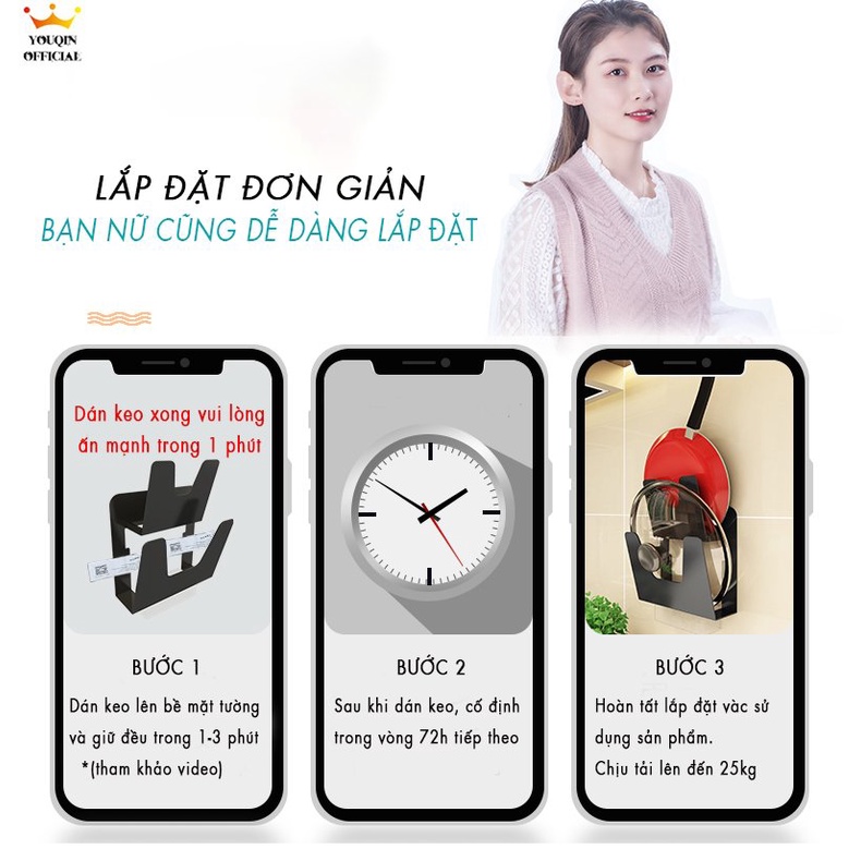 Giá Treo Vung Nồi, Thớt - YouQin, Chất Liệu Thép Không Gỉ, Dán Keo Siêu Chắc, Không Khoan Đục