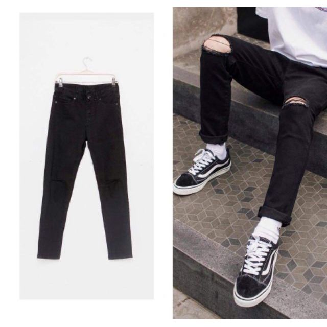 Quần Jean Nam Rách Gối Màu Đen Vải Co Giãn, Không Phai Màu Dáng Skinny Phong Cách Hàn Quốc -J02 | BigBuy360 - bigbuy360.vn