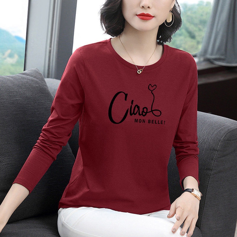 Áo thun cotton mỏng tay dài cổ tròn dáng rộng thời trang cho phụ nữ trung niên