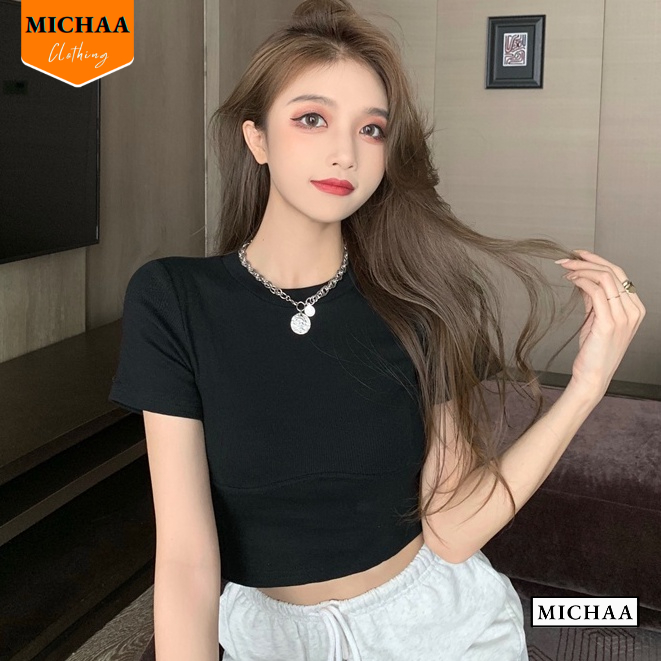 Áo Croptop Nữ Cổ Tròn Tay Ngắn VÂN BỤNG Đẹp Ôm Body, Áo Thun Croptop Kiểu Sexy Chất Gân - MICHAA CR11