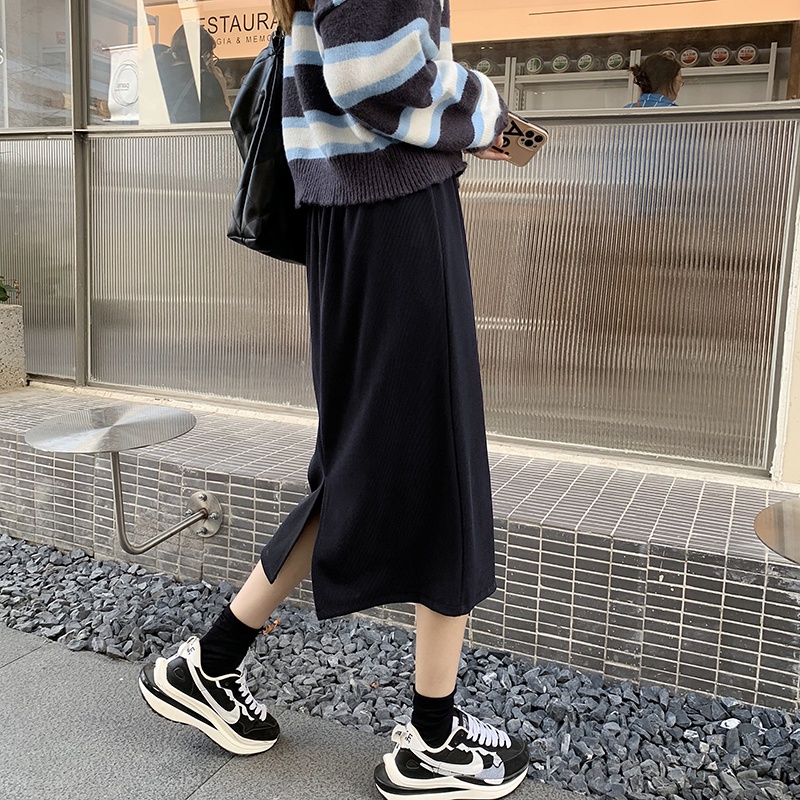 SUXI Chân Váy Dệt Kim Lưng Cao Màu Sắc Đơn Giản Thời Trang Thu Đông Cho Nữ
