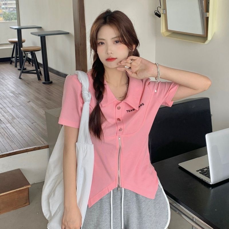 Áo Thun Tay Ngắn Thiết Kế Khóa Kéo Màu Trơn Thiết Kế Mới Thoáng Khí Cho Nữ