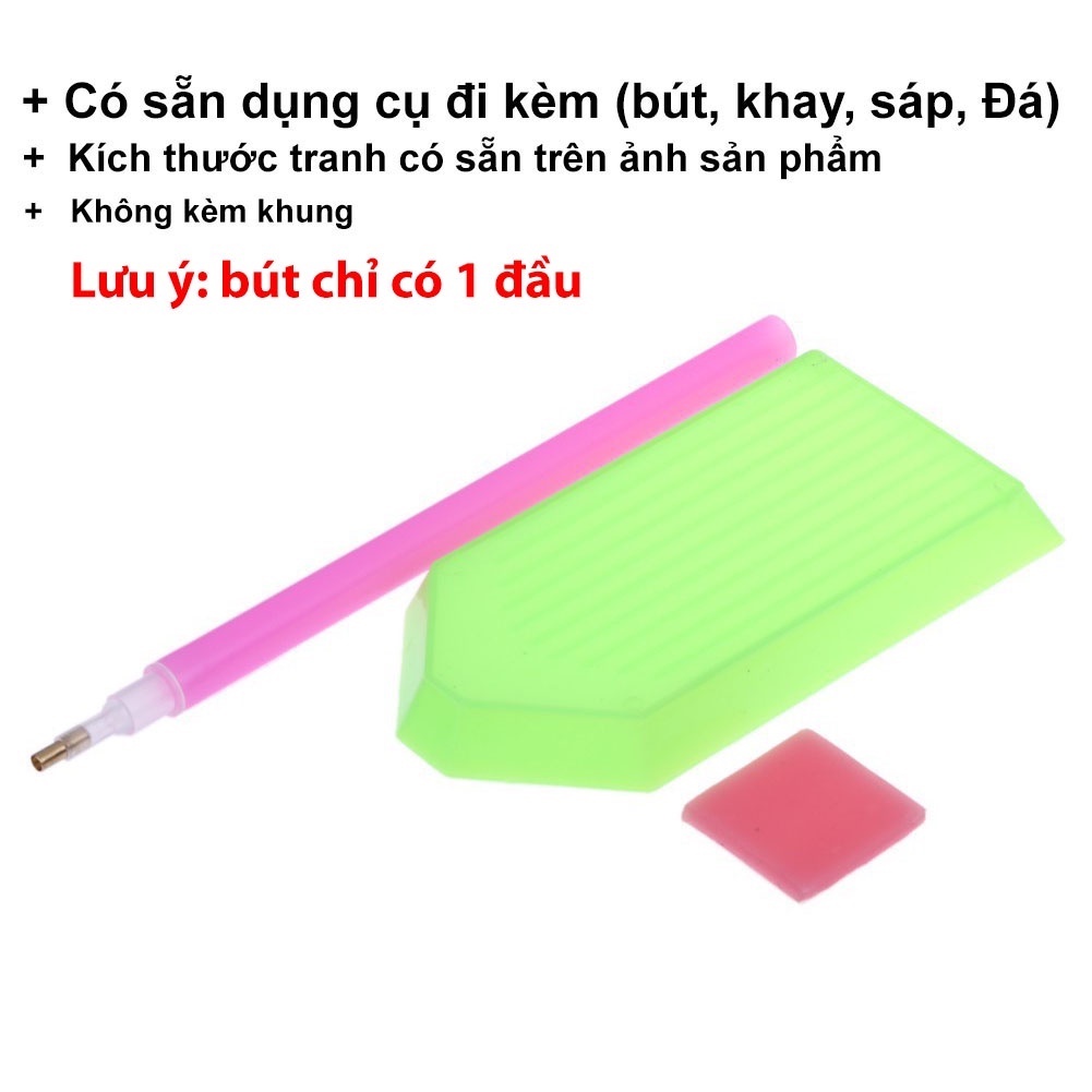 (GIÁ SỈ) Tranh đính đá phong cảnh làng quê, tranh đinh đá tự làm khổ lớn cây đa giếng nước