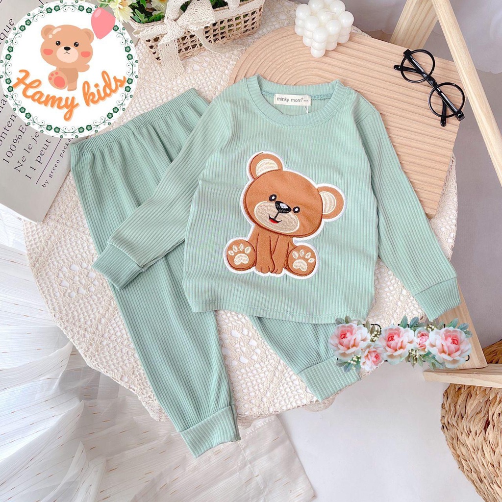 Đồ Bộ Dài Minky Mom Chính Hãng Thun Gân Hình Thêu Chi Tiết Gấu Mèo Con Cute  Cho Bé Từ 0-5 Tuổi Dưới 20kg - Hamykids