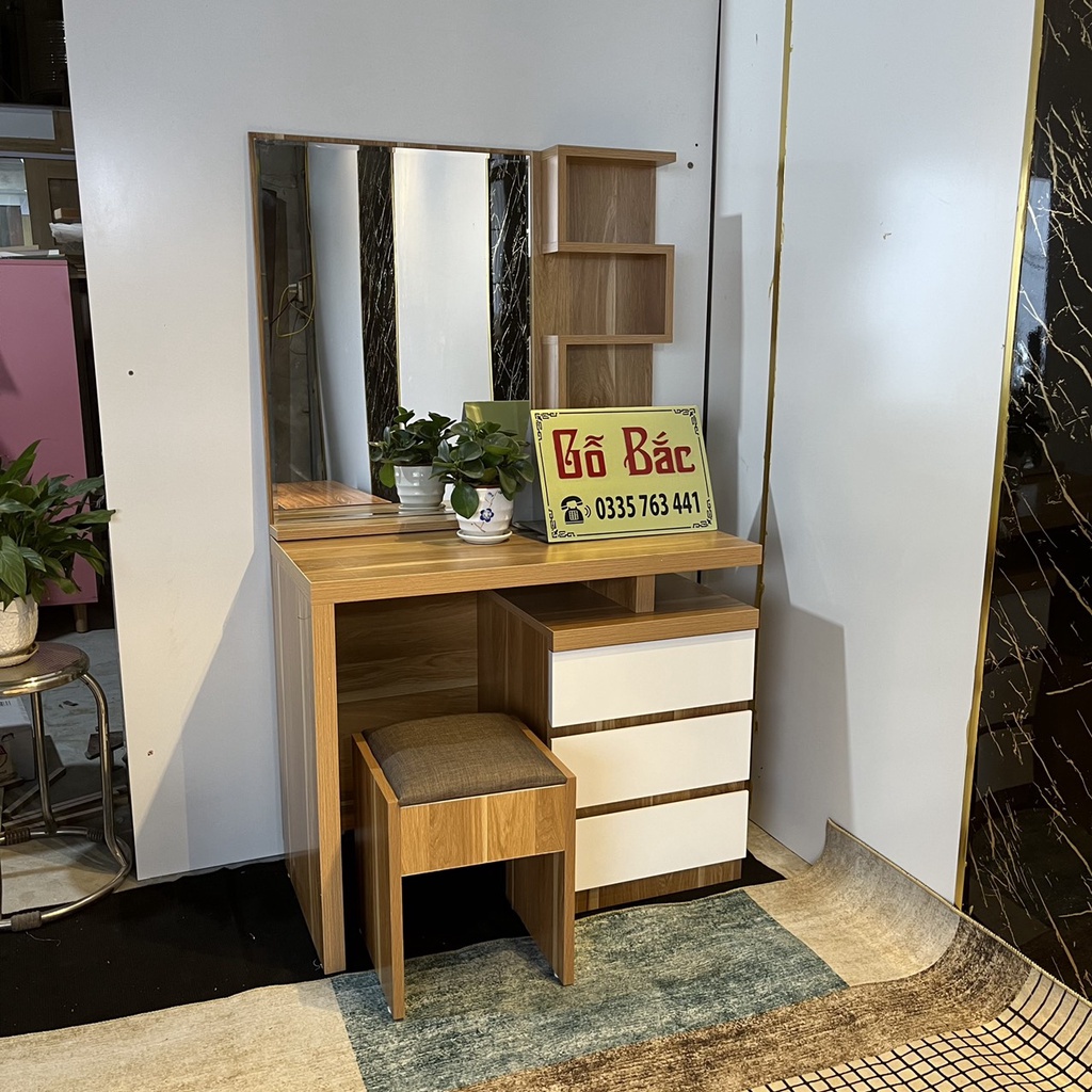 Bàn trang điểm kèm ghế kích thước rộng 80cm gỗ MDF phủ Melamine 3 ngăn kéo tặng kèm ghế
