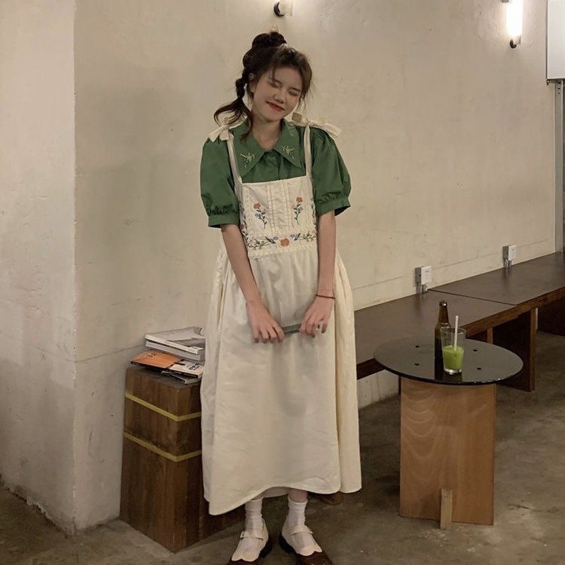 Set Áo Sơ Mi Ngắn Tay Thêu Hoa + Váy Yếm Ren Phong Cách Retro Mới Cho Nữ