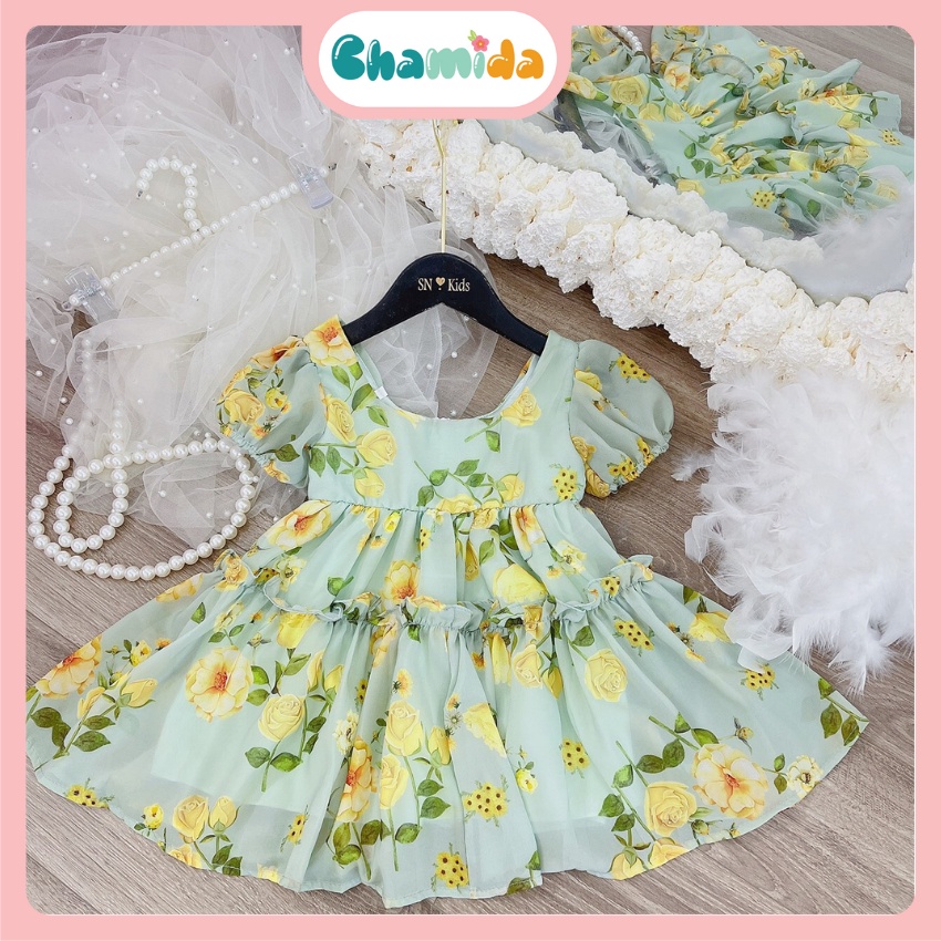 Váy cho bé gái V16 vải tơ hoa Hàn cao cấp size từ 8 – 19kg, đầm công chúa bé gái mềm mát xinh xắn, đáng yêu