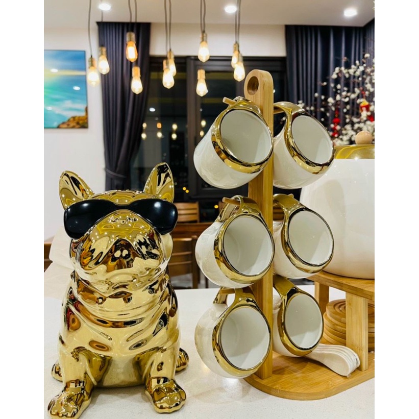 Bộ bình trà gốm sứ, bình trà sứ cao cấp xanh cổ vịt viền vàng dung tích 3l phong cách Bắc Âu