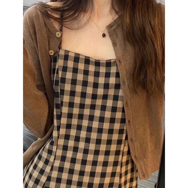Váy hai dây kẻ nâu dáng dài kiểu dáng vintage Linzstore V165
