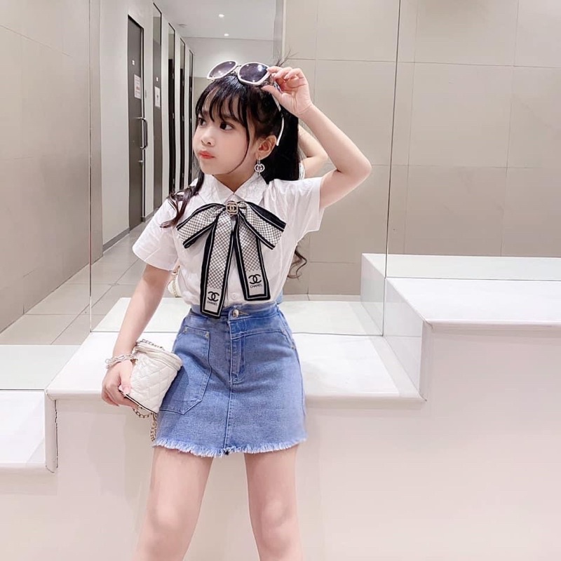 Set Áo sơ mi chân váy jean kèm nơ cho bé gái