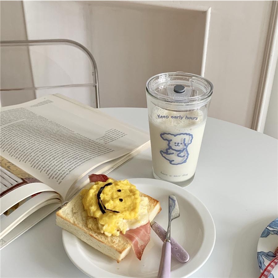 Ohaya Bộ Năm Cốc Thủy Tinh Mềm Cách Nhiệt In Chữ Màu Cam Đám Mây Phong Cách Hàn Quốc