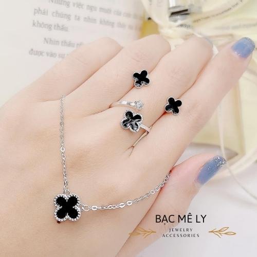 Bộ dây chuyền bạc, nhẫn, bông tai, dây chuyền cổ hình cỏ bốn lá may mắn cho nàng