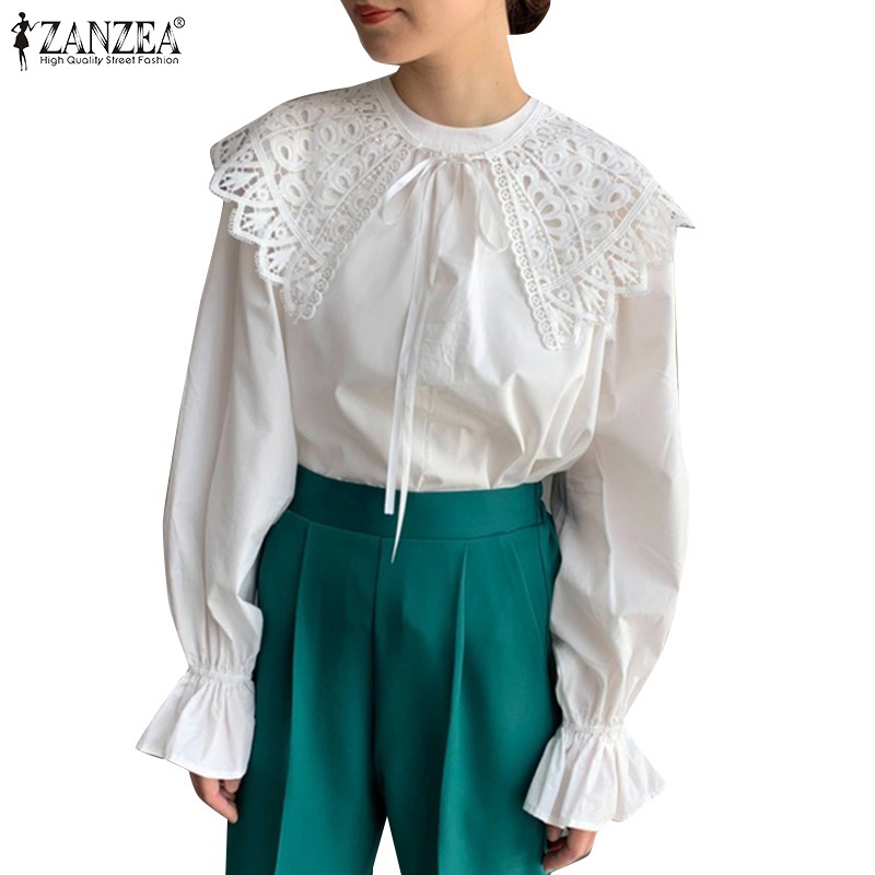 Áo sơ mi ZANZEA tay dài cổ phối ren buộc dây có thể tháo rời thời trang cho nữ