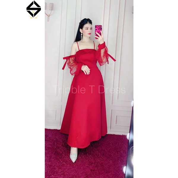Đầm xoè rớt vai hai dây phối tay lưới có nơ tay chất lụa taffeta TRIPBLE T DRESS - size M/L - MS354V