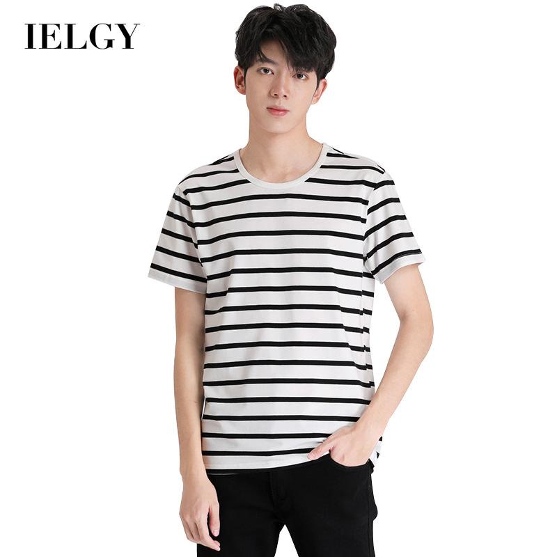 Áo thun IELGY tay ngắn cổ tròn kẻ sọc trắng đen thời trang cho nam