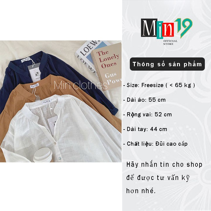 Áo sơ mi nữ kiểu tiểu thư Hàn Quốc đẹp cổ tàu bánh bèo vải đũi tay phồng form rộng bigsize màu trắng nâu xanh thời trang