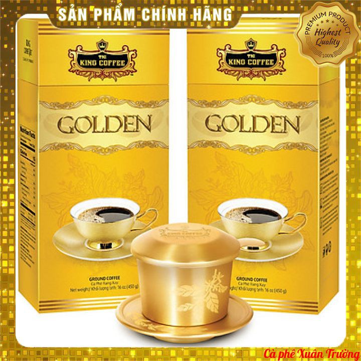 [Mua 2 Tặng 1] Mua 2 Hộp Cà phê rang xay cao cấp KING COFFEE GOLDEN - Hộp 450g Tặng 1 Phin cà phê mạ vàng cao cấp