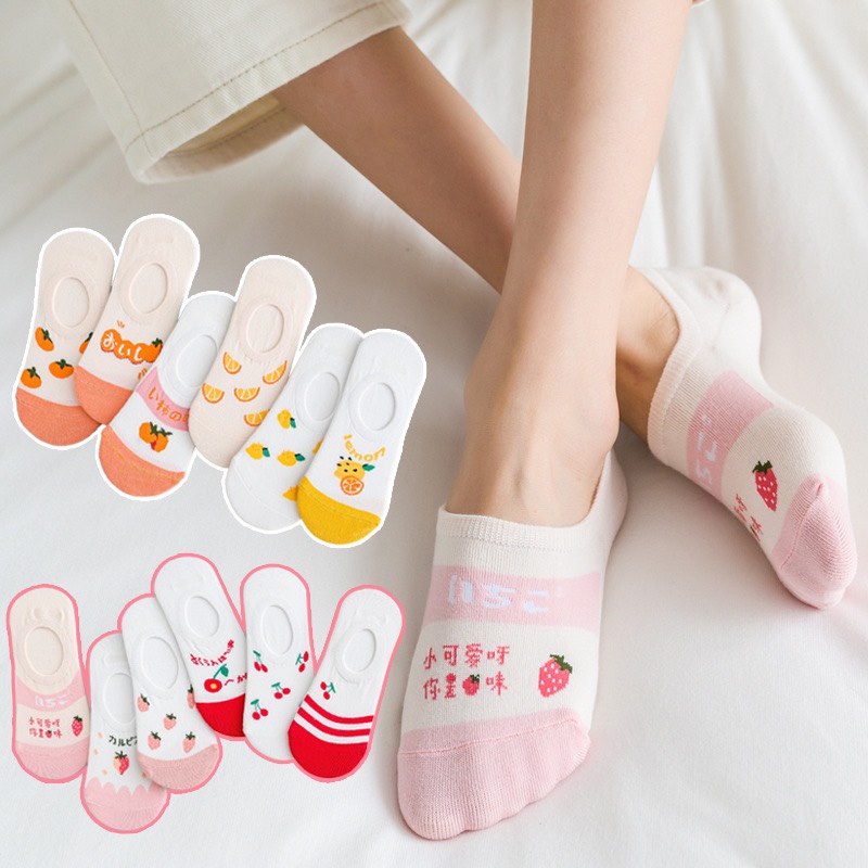 Set 5 Đôi Tất Nữ Cổ Ngắn Đi Hài Họa Tiết Dâu Cam Dễ Thương
