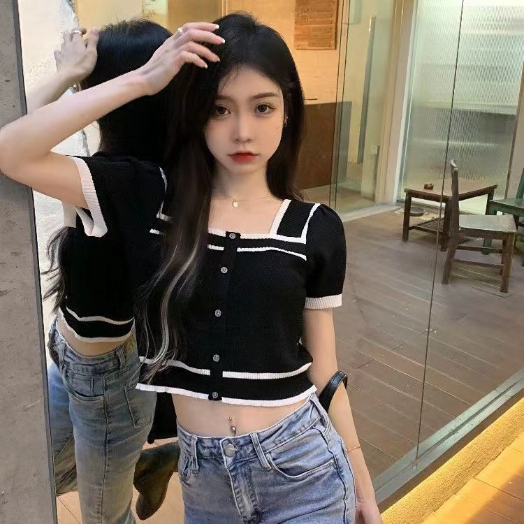 【Hana and Alice】Áo Thun Dệt Kim Tay Ngắn Cổ Vuông Phong Cách Pháp Thời Trang Mùa Hè Cho Nữ