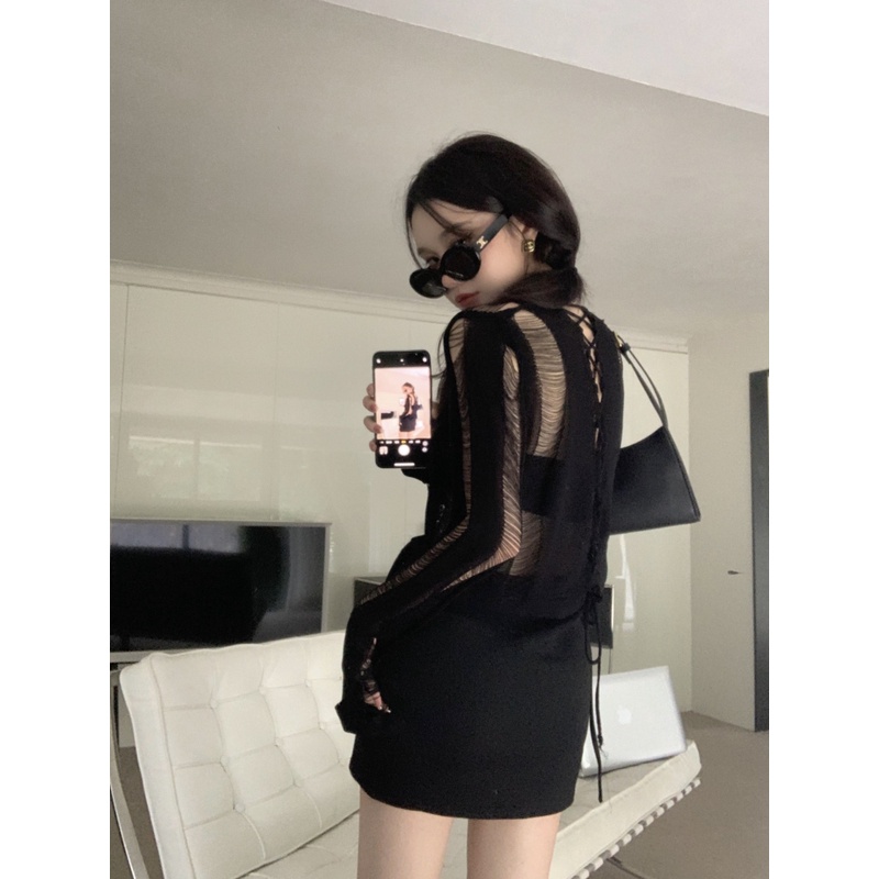 Áo Dệt Kim Mỏng Khoét Lỗ Thời Trang Hàn Quốc Gợi Cảm Cho Nữ