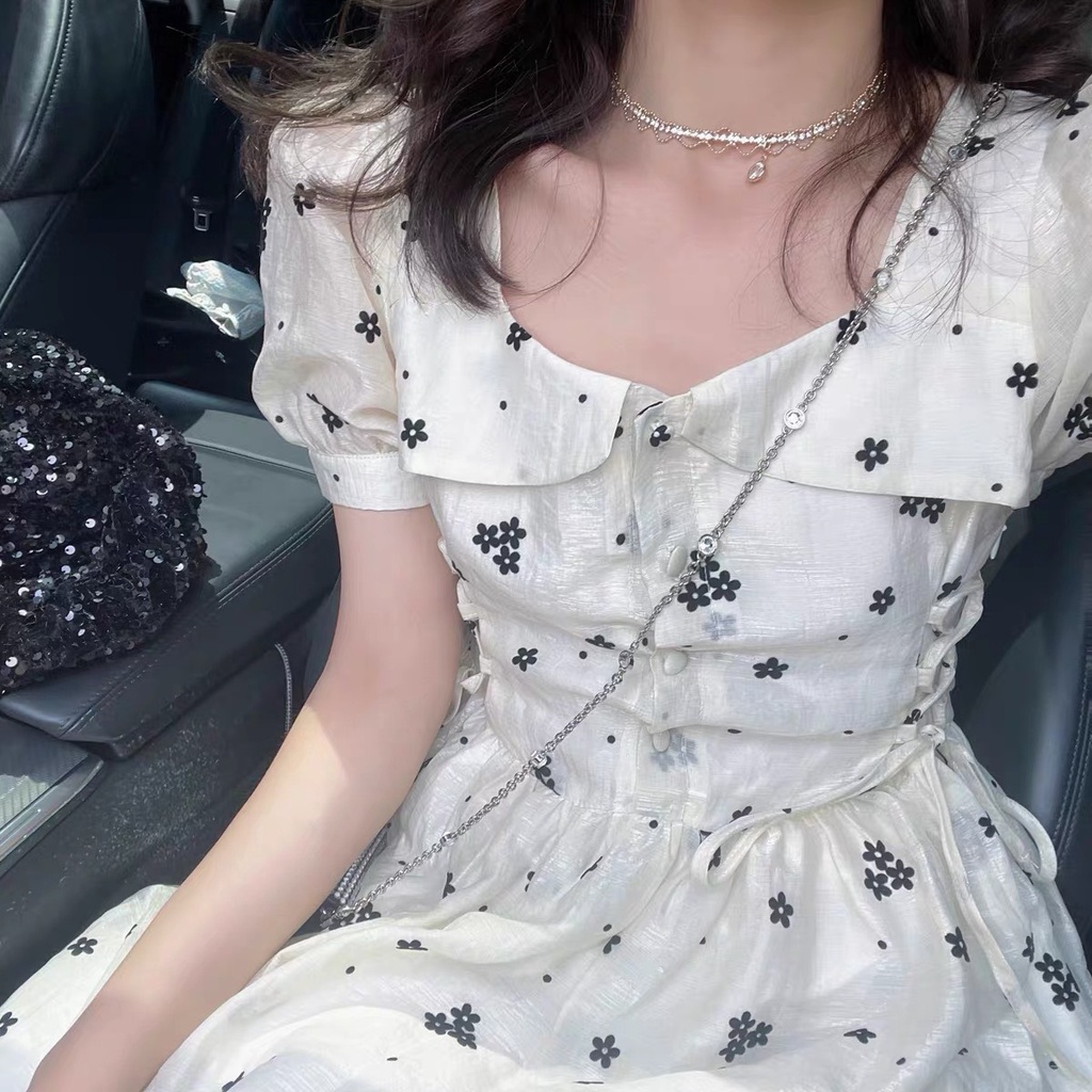 Váy hoa nhí cúc bọc đan dây eo dáng xòe