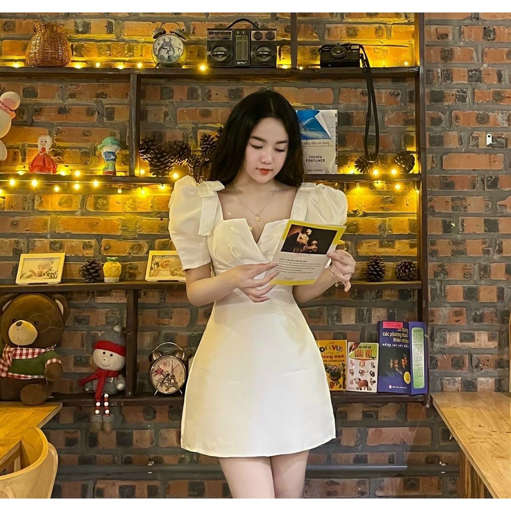(Ưu Đãi Freeship) Đầm thiết kế đi tiệc cổ vuông xẻ ngực,tay phồng nơ vai cực xinh,chất umi cao cấp có mút