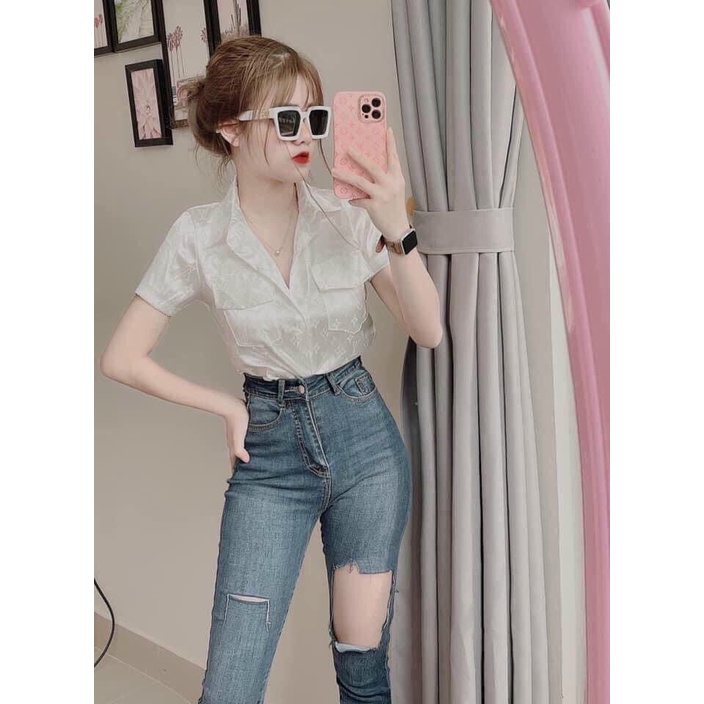 Áo sơ mi nữ tay ngắn, vải phi lụa gấm - freesize
