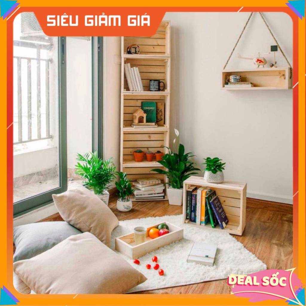 Kệ Gỗ Treo Tường Hình Hộp Trang Trí Bằng Dây Thừng Gỗ Thông Vân Gỗ Tự Nhiên - Kích Thước: 50x15x15cm