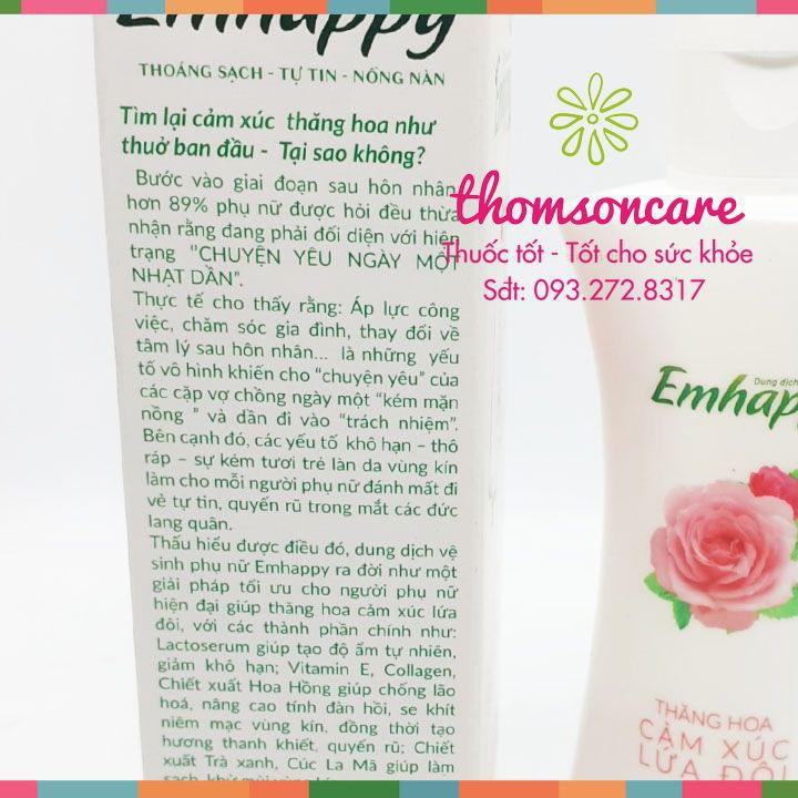 Dung dịch vệ sinh phụ nữ Emhappy - Chai 120ml, từ hoa quỳnh, cúc la mã, vitamin E, rửa phụ khoa hàng ngày