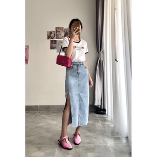 Chân váy denim lưng cao xẻ tà cao size S