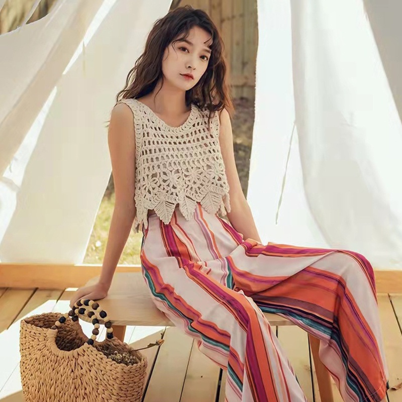 Áo Croptop Dệt Kim Không Tay Họa Tiết Hoa Lá Thời Trang Đi Biển Cho Nữ