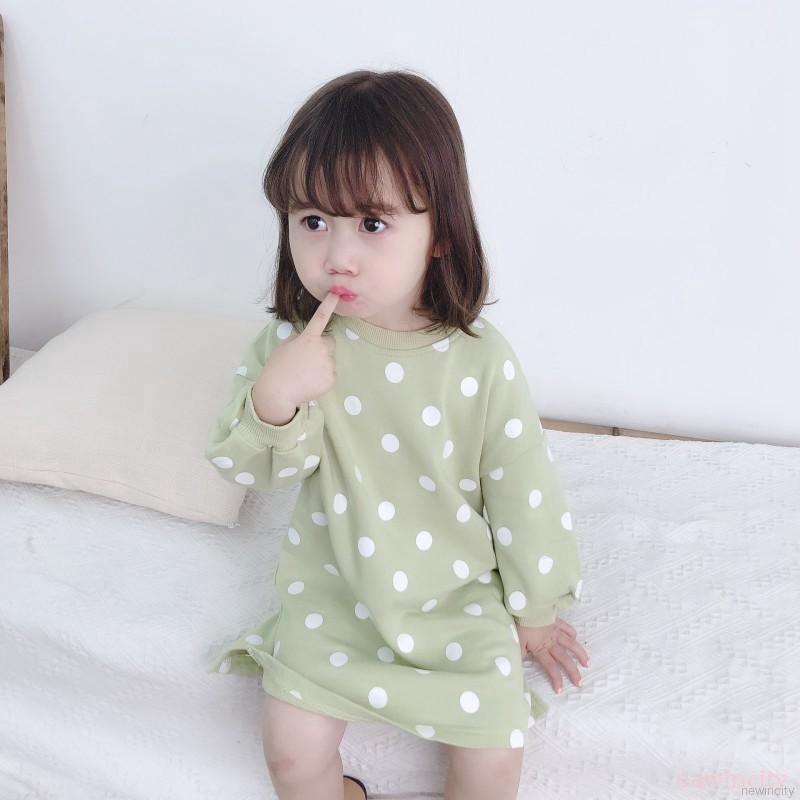 Đầm cotton dài tay họa tiết chấm bi cho bé