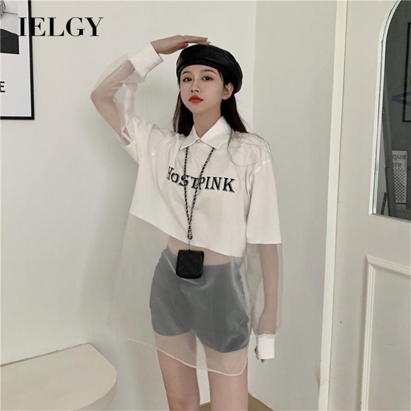 Áo tay dài dáng rộng cổ polo phối lưới phong cách thời trang Hàn Quốc