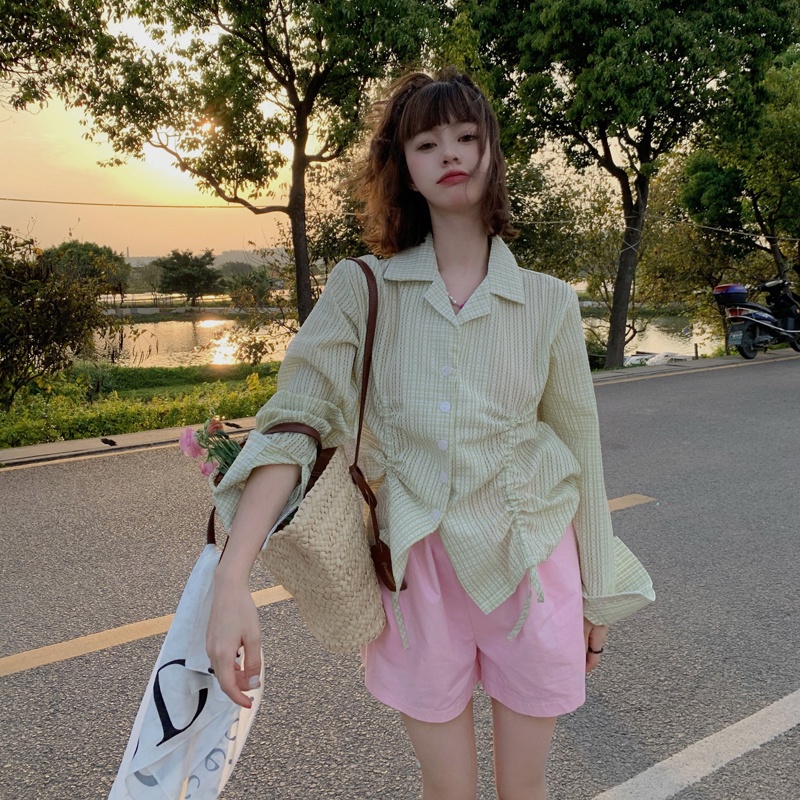 Áo sơ mi SUXI tay dài dáng rộng kẻ sọc phong cách Hàn Quốc thời trang mùa hè cho nữ