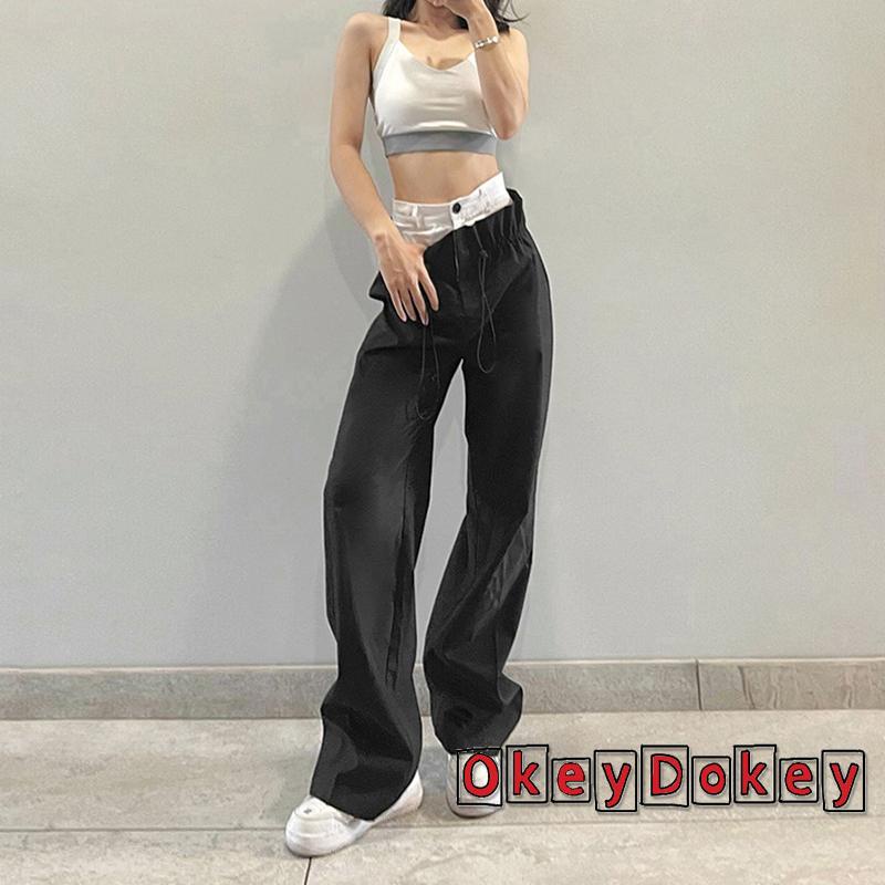 OKDK-Women´s Fashion Wide Leg Pants Black High Waist Drawstring Streetwear Straight Leg Pants