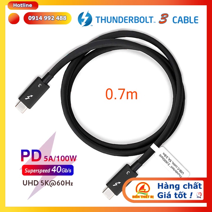 Cáp Thunderbolt 3 to Thunderbolt 3 dài 0.7m (70cm) Tốc độ 40Gbps xuất hình ảnh 5K 4K hỗ trợ sạc 20V-5A/ 100W PD.