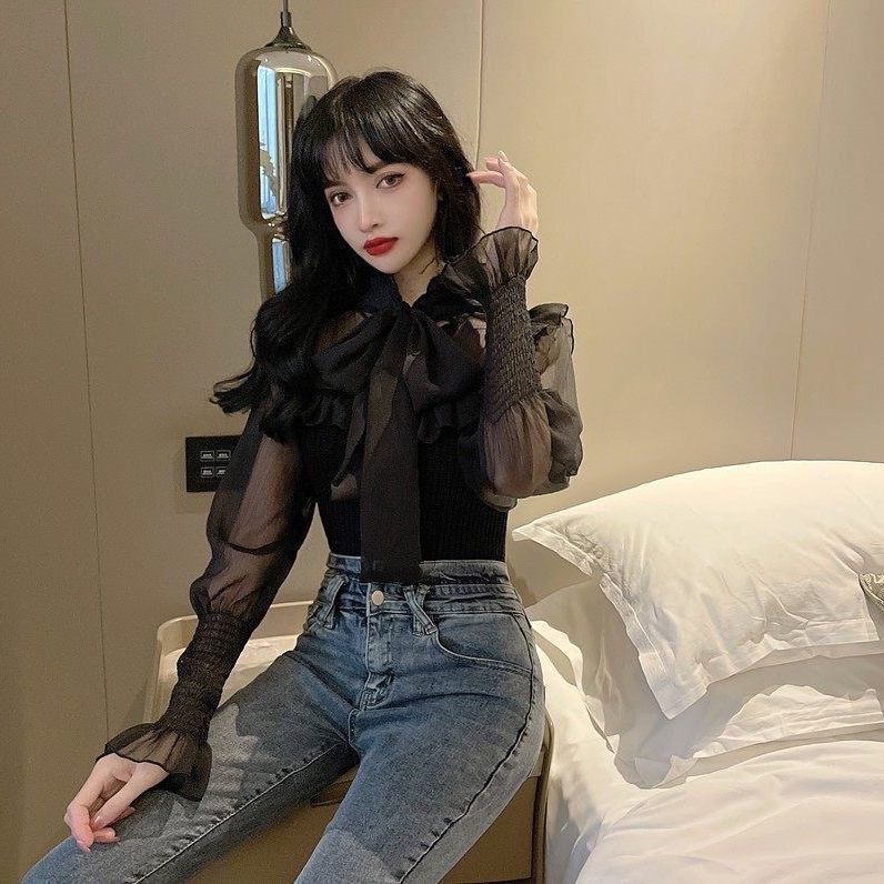 Áo Sơ Mi Mỏng Tay Dài Thắt Nơ Phong Cách Hàn Quốc Thời Trang Cho Nữ