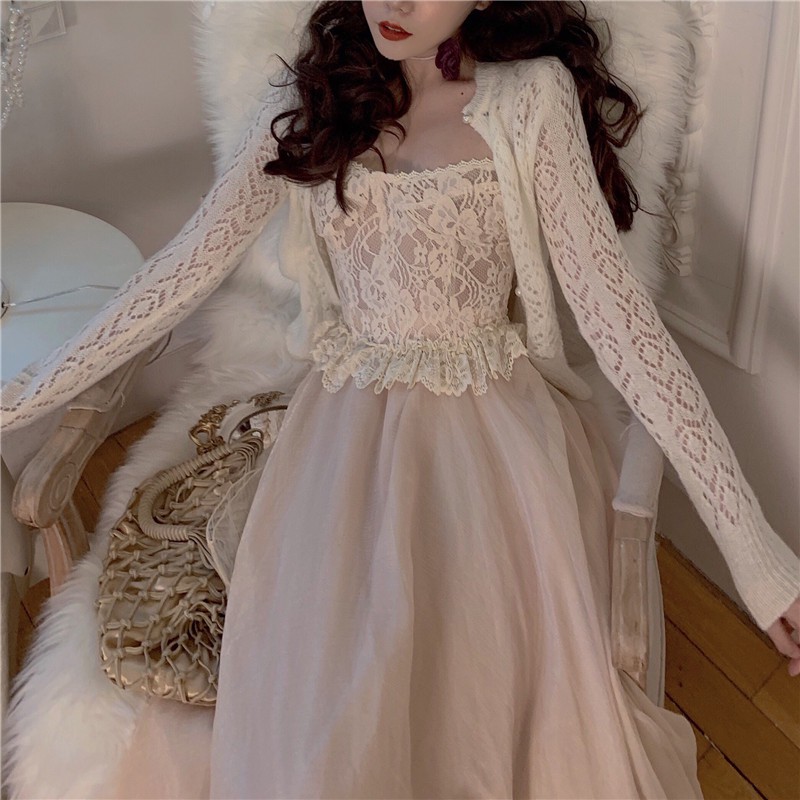 (s100) set váy ulzzang áo hai dây váy công chúa áo khoác len | BigBuy360 - bigbuy360.vn