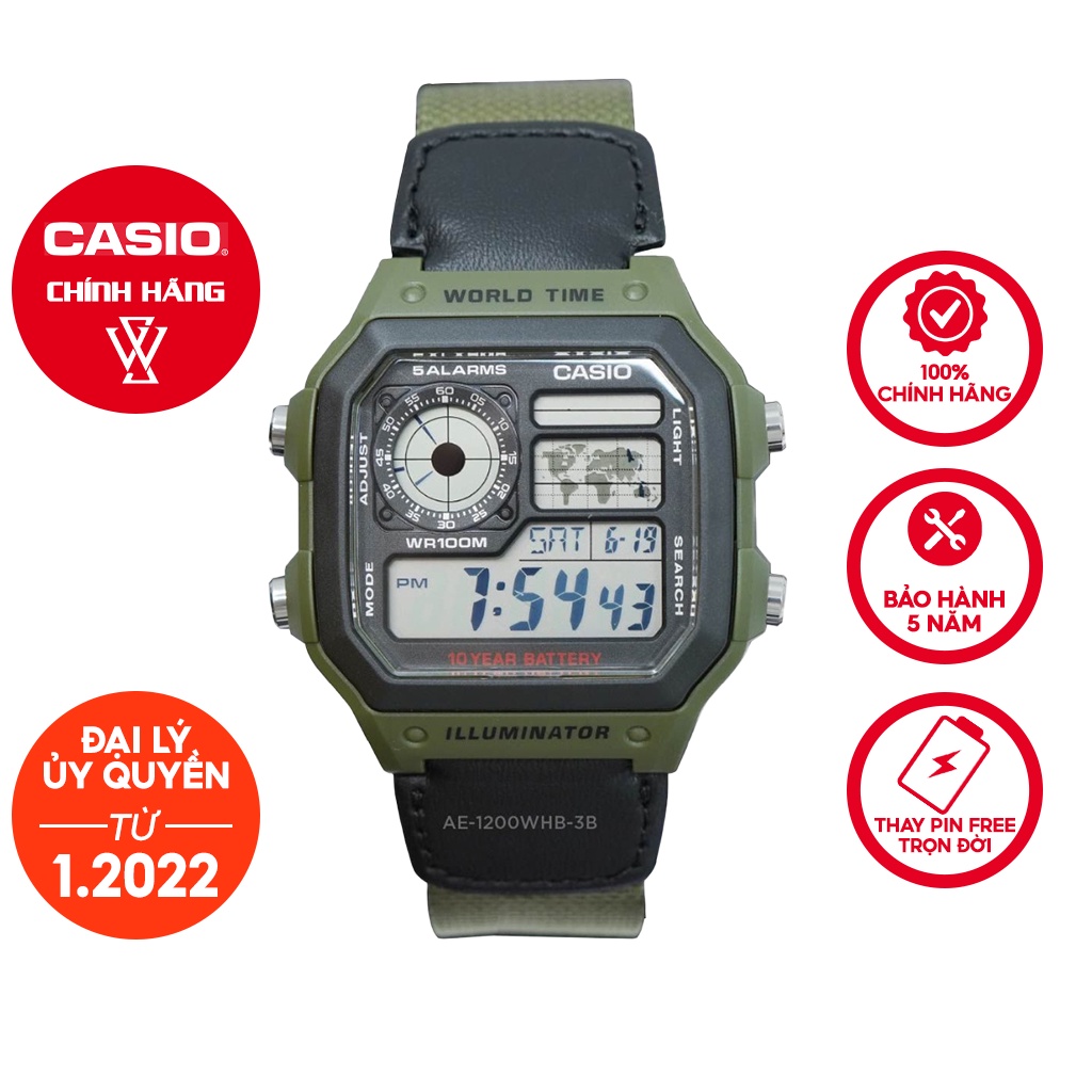 Đồng Hồ Điện Tử Nam Casio WATCHSTORE AE-1200WHB-3BVDF Thiết Kế Mặt Kính Vuông 42mm, Dây Đeo Và Vỏ Nhựa Bền Bỉ
