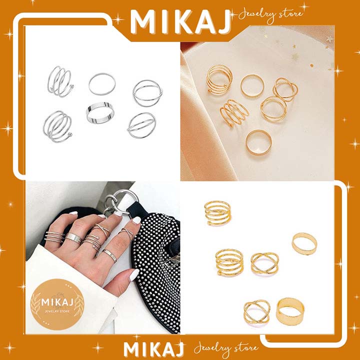Set nhẫn nữ cá tính 6 chiếc titan không gỉ hàn quốc cá tính cặp đôi bạn thân cute đeo ngón út trỏ màu bạc MIKAJ STORE