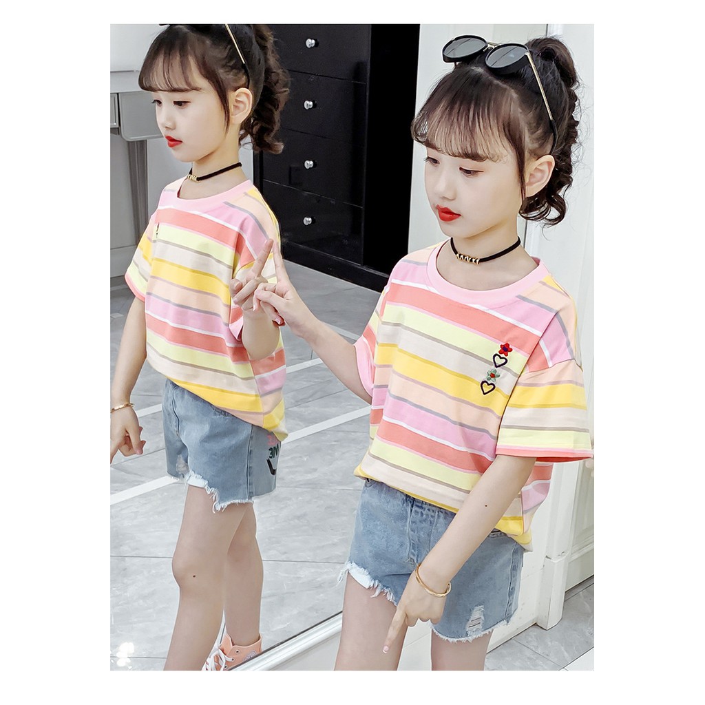 Áo phông bé gái size đai từ 20 -50kg màu cầu vồng thêu hoa-trái tim ngực AH02