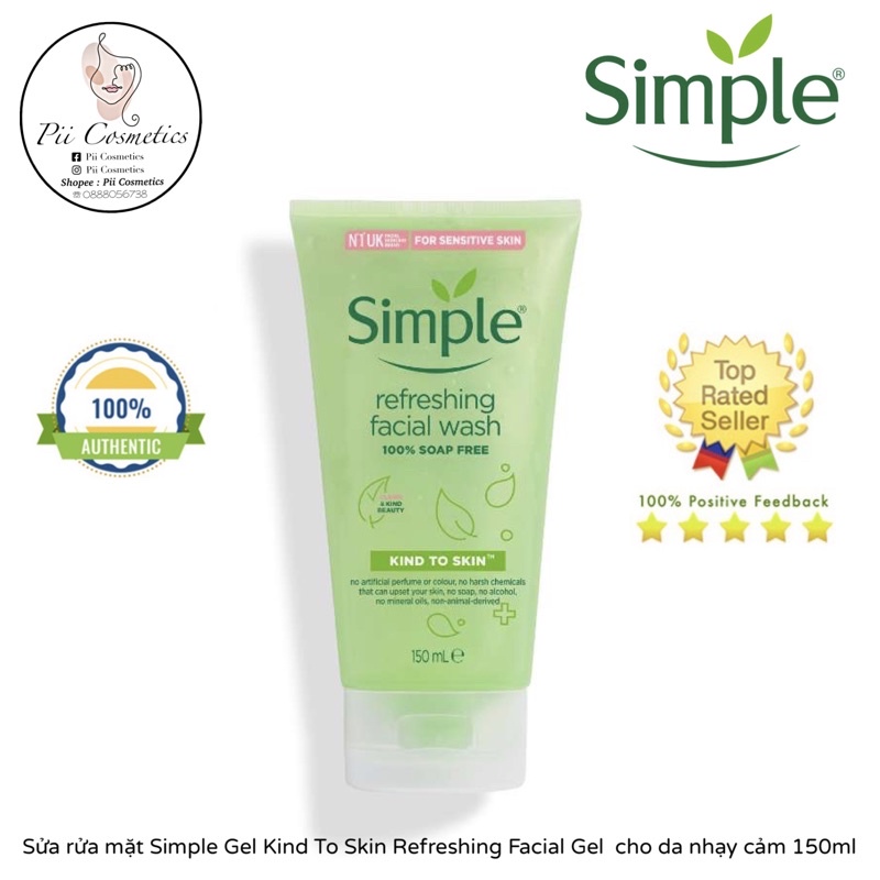 Sửa rửa mặt Simple Gel Kind To Skin Refreshing Facial Gel - Sửa rửa mặt cho da nhạy cảm 150ml