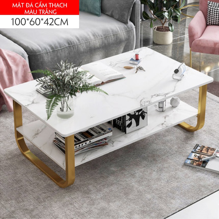 Bàn trà vân đá cẩm thạch chân sắt 2 tầng phong cách Châu Âu thiết kế hiện đại