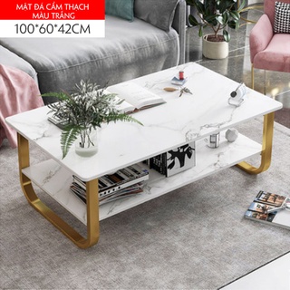Bàn trà vân đá cẩm thạch chân sắt 2 tầng phong cách Châu Âu thiết kế hiện đại