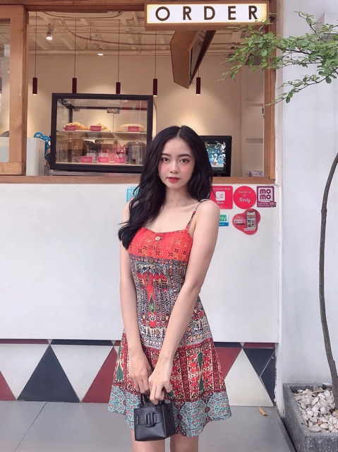 Đầm Lolii Dress hoạ tiết thổ cẩm chất vải lụa mịn - váy 2 dây hở lưng thắt nơ lưng có sẵn mút ngực from chuẩn tôn dáng