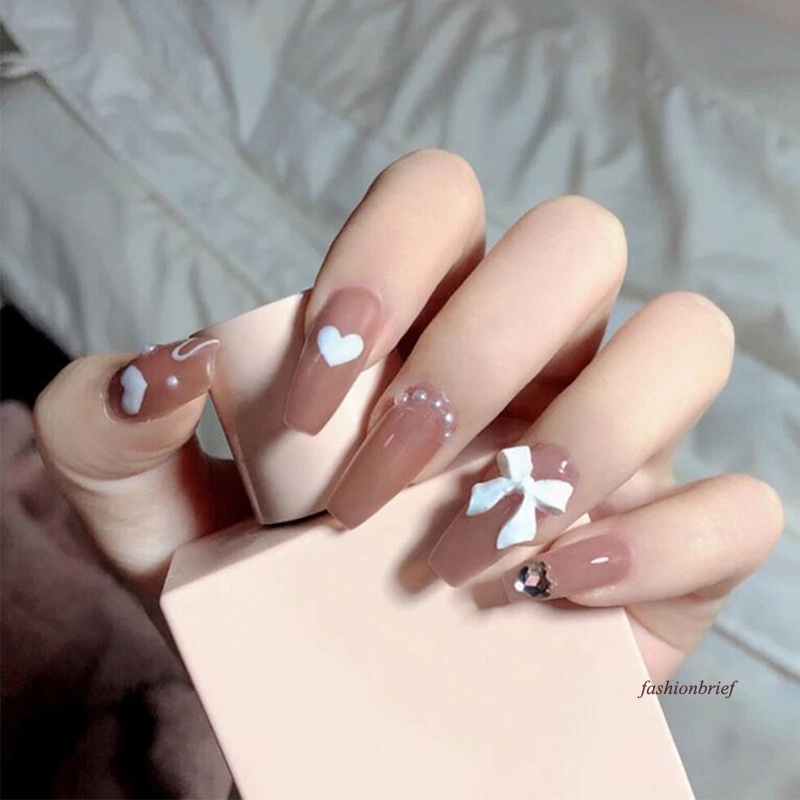 Bộ 24 móng tay giả dài che phủ toàn diện đính nơ trái tim màu trắng